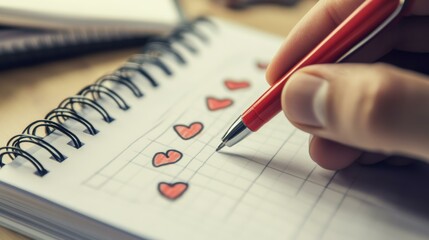 Focused woman drawing hearts in notebook at desk during daytime