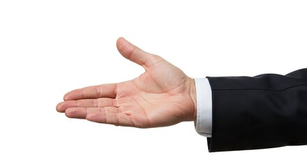 A hand palmup extending from a black suit sleeve with a white cuff against a white background