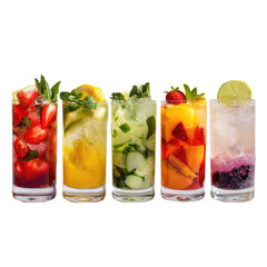  Six Different Cocktails with Fresh Fruit Garnishes Transparent Background
