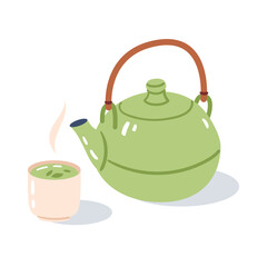 Green teapot with a steaming cup of tea on a white background. Hand drawn vector illustration.