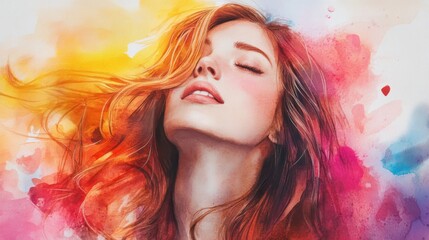 Fototapeta premium Serene woman with closed eyes in abstract watercolor art