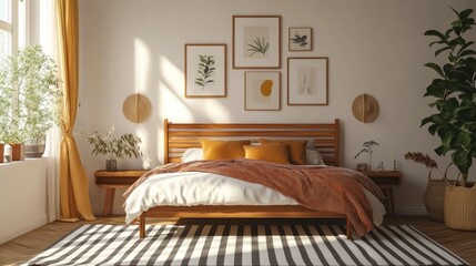 Bright bedroom with posters above wooden bed and striped carpet, actual photo