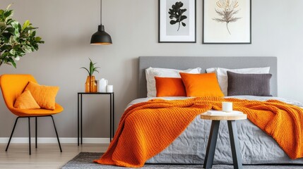 Bright bedroom with orange blanket on chair and poster above lamp on stool next to king-size bed