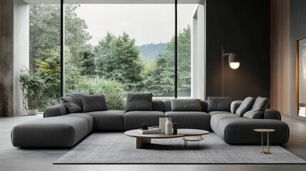 Bright living room with gray sofa, table, and large window