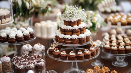 Brown and white themed dessert table for birthday or wedding festivities.