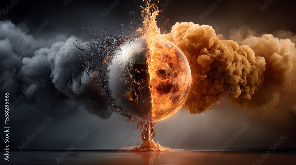 Poster a dramatic and intense image depicting a powerful explosion of a glowing spherical object surrounded