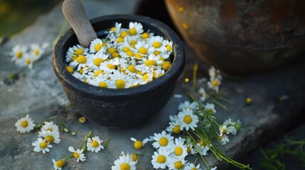 Chamomile tea on table with flowers in mortar.