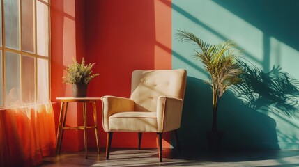Chic armchair beside colored wall with adjacent table