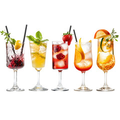  Six Different Cocktails with Fresh Fruit Garnishes Transparent Background