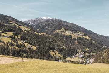 Lechtal Austria alpine mountain landscape panorama blue sky and snow.