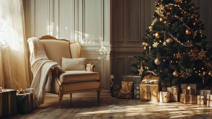 Fototapeta premium Christmas-themed interior room with an empty chair and neutral colors captured in a photo series