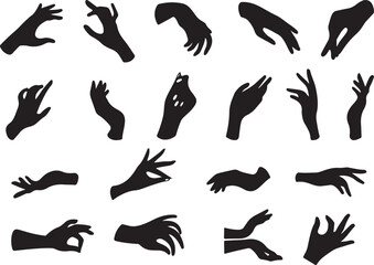 Silhouette Hand Gestures Vector Doodle, Black Hands Pack Showing Peace, Point, and Signs,