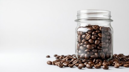 Close-up of coffee beans in glass jar on white background with room for text