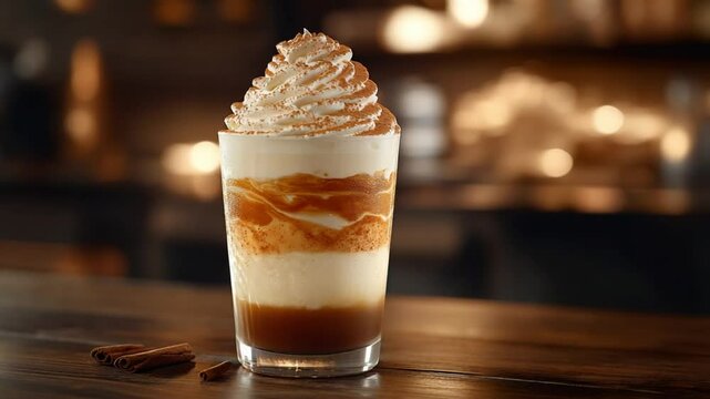 Layered Caramel Coffee Drink with Whipped Cream and Cinnamon