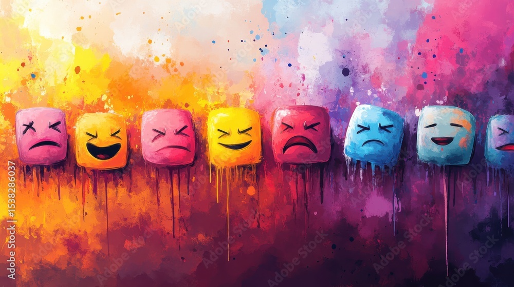 Poster colorful emoticon-like objects expressing various emotions indoors