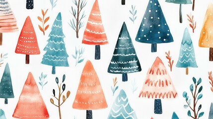 Colorful Christmas Trees on White Background in Festive Display