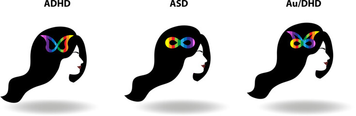 Neurodiversity symbols for ADHD, ASD and AuDHD. Colorful butterfly and infinity loop icons, female profiles with neurotype vector illustrations. Awareness, acceptance, identity.