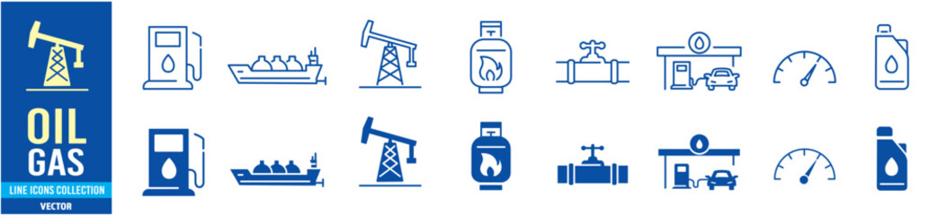 Oil icon set. gas, industry, oil well, fuel, canister, 
tanker, petroleum. editable stroke icons collection illustration vector.