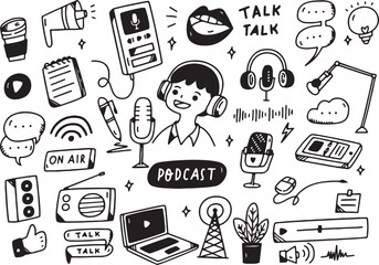 Podcast and Talk Show Doodle Icons, Microphone, Host, Headphones, Radio Vector Sketch Set, Transparent Background