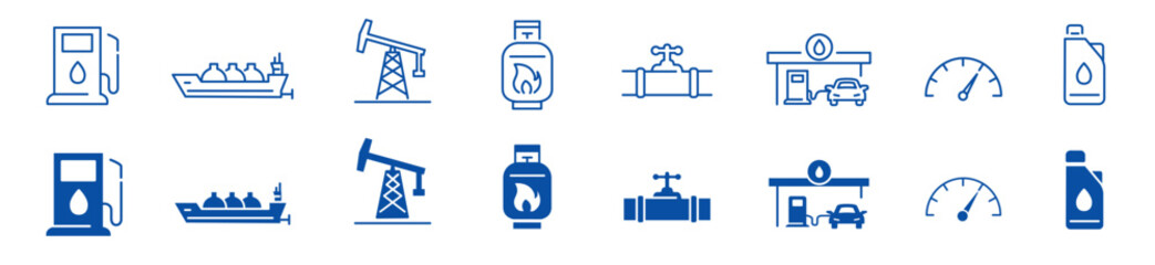 Oil icon set. gas, industry, oil well, fuel, canister, 
tanker, petroleum. editable stroke icons collection illustration vector.