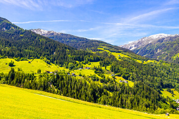 Lechtal Austria alpine mountain landscape panorama blue sky and snow.
