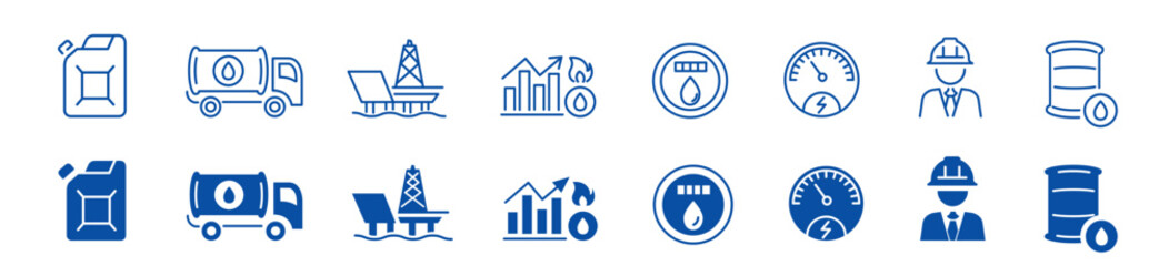 Oil icon set. gas, industry, oil well, fuel, canister, 
tanker, petroleum. editable stroke icons collection illustration vector.