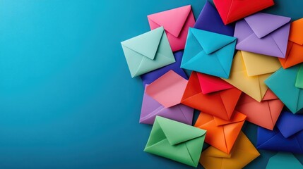 Colorful envelopes on blue background with space for text. Overhead view.