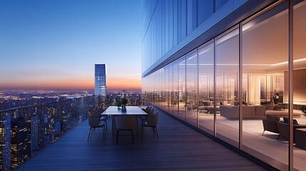 Cityscape penthouse dining terrace at twilight.