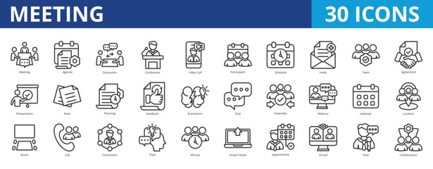 Meeting icon pack collection set with discussion, conference, schedule, team, agreement, presentation, planning, feedback, brainstorm, chat, business, management, leadership, discipline, teamwork