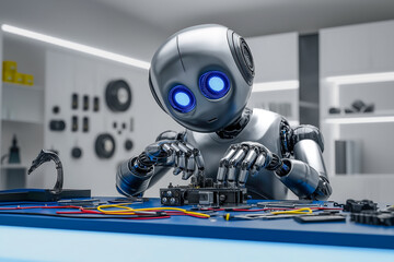 Cute Robot Assembling Electronics – AI and Technology Vector Concept
