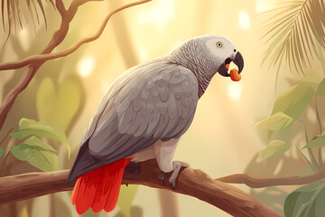 African Grey Parrot Eating a Nut on a Branch – Vector Illustration