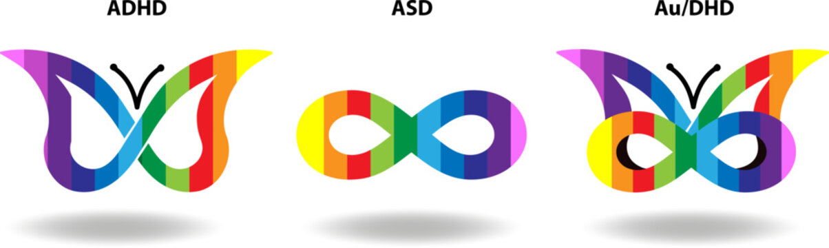 Neurodivergent ADHD, ASD, and AuDHD brain symbols. Colorful illustrations of mental health awareness, identity and inclusion in neurodiversity spectrum.