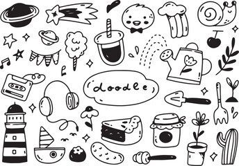 Cute Kawaii Food Doodle Icons, Tea, Muffin, Milk, Sandwich, Bread Vector Sketch, Hand Drawn Funny Character Set, 