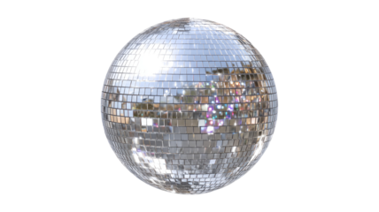 Silver Disco Mirror Ball Covered in Small Reflective Mirrors Transparent Background