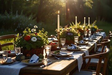 Rustic outdoor dinner party table setting at sunset