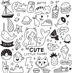  Little Girl Fashion and Accessories Doodle Art, Cute Beauty Elements, Hair, Dress, Bow, Lips, Hand Drawn Vector Pack,