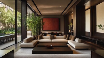 Fototapeta premium Contemporary home space with modern seating and plant decor