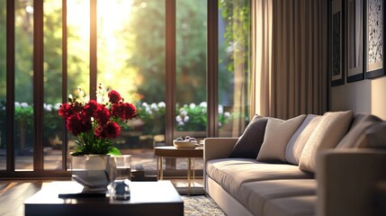 Contemporary living room with sofa, stylish table, and large windows.