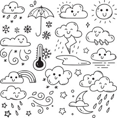Cute Cloud and Weather Doodle Icons, Sun, Moon, Rain, Storm, Snow and Rainbow Sketch Vector Art,