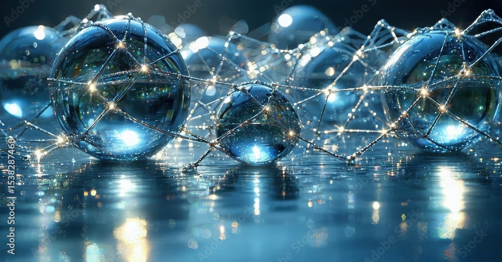 Poster abstract spheres connected by glowing lines. reflective surface creates bright, blurred light effect