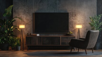 Contemporary TV setup with armchair and lamps in indoor space. Interior decor