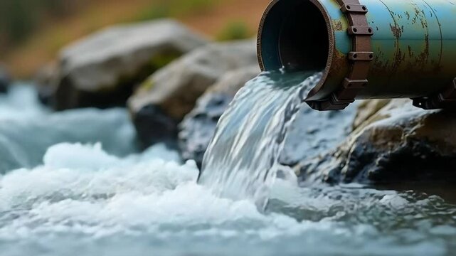 Clean water flowing from pipe into stream. Pure water source replenishes natural stream. Crystal clear water from pipe revitalizes river ecosystem.