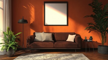 Cozy living room interior with brown sofa, carpet, lamp, poster frame, plant, and table. Warm home decor.