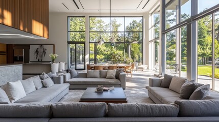 Cozy living room with gray sofas, table, and large window