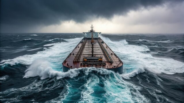 Oil market fluctuation concept. A large ship navigates turbulent seas under a dramatic sky, showcasing maritime resilience.