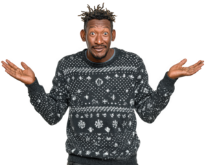 Black man wearing patterned sweater, shrugging with confused facial expression, isolated on transparency background, casual winter fashion, expressive gesture, medium adult, short hair
