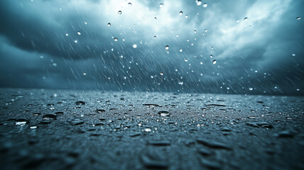 Stormy rain with raindrops on surface, dark clouds overhead.