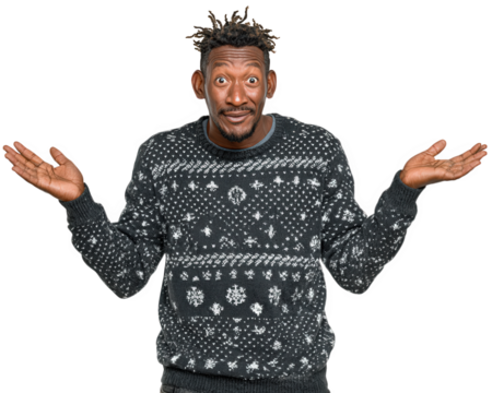 Black man wearing patterned sweater, shrugging with confused facial expression, isolated on transparency background, casual winter fashion, expressive gesture, medium adult, short hair