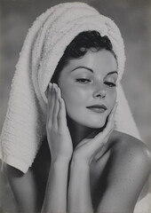 Obraz premium young woman with hair wrapped in towel doing beauty face routine in vintage black and white film photo