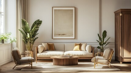 Elegant and modern living room design with velvet sofa, wooden furniture, plants, and gold accents.